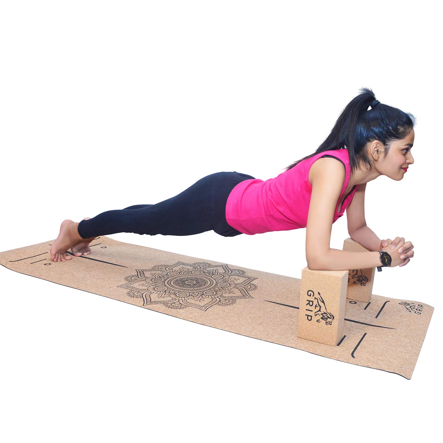 Grip Cork Yoga Mat 7mm with 2 Cork Yoga Brick (Brown)