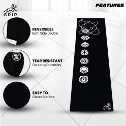 Grip 24 Inches X 72 Inches, 4MM Thickness, Black Color, OnTheGoSeries, 7 Chakra Alignment Design Yoga Mats For Men & Women
