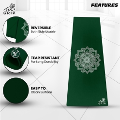 Grip 24 Inches x 72 Inches, 12MM Thickness, Bottle Green Color, OnTheGoSeries, Mandala Design Yoga Mats For Men & Women