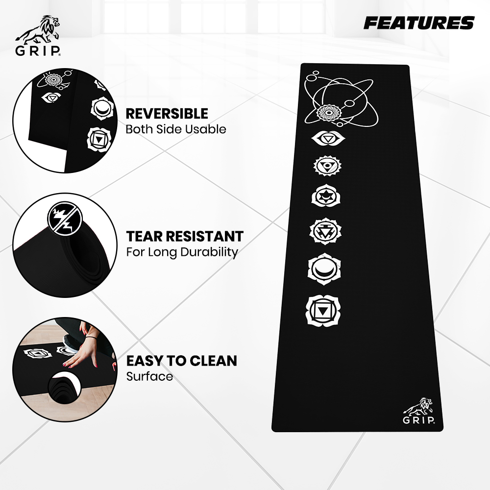Grip 36 Inches x 72 Inches, 12MM Thickness, Black Color, 7 Chakras Design Yoga Mats For Men & Women.